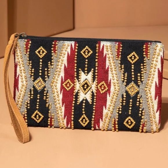 Handmade Hand Beaded Wristlet Clutch - Ethnic Inspired Design - Dyed Fine Cotton - Picture 2 of 5
